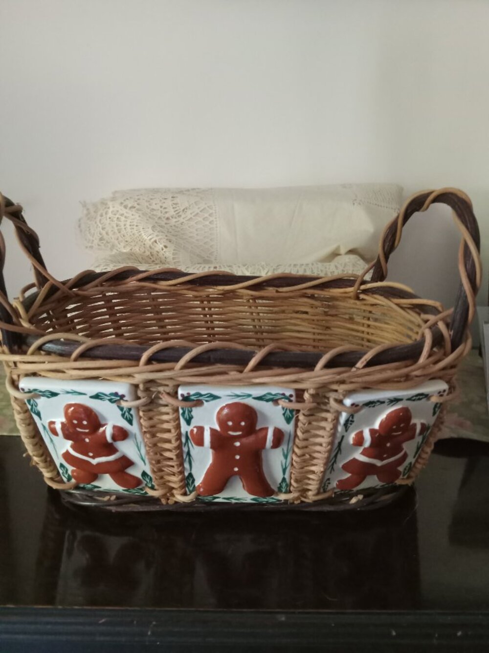 Handwoven Basket with Ceramic Gingerbread People